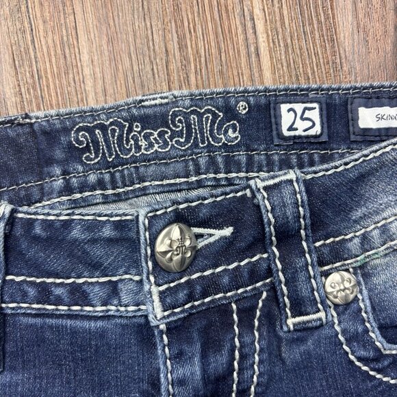Miss Me Skinny Jeans Rhinestone Floral Pockets Distressed Medium Wash Size 25 - Picture 5 of 12